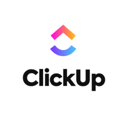 ClickUp logo featuring a colorful upward arrow symbol, representing productivity and project management tools on a tech-focused website.