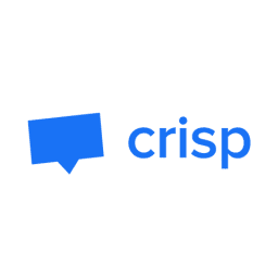 Crisp logo design featuring a blue background with a speech bubble and the brand name "crisp" in white font, representing a customer communication platform.